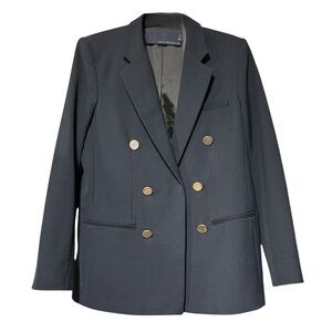 Zara Woman Tailored Navy Blue Double-Breasted Blazer Gold Buttons Size L